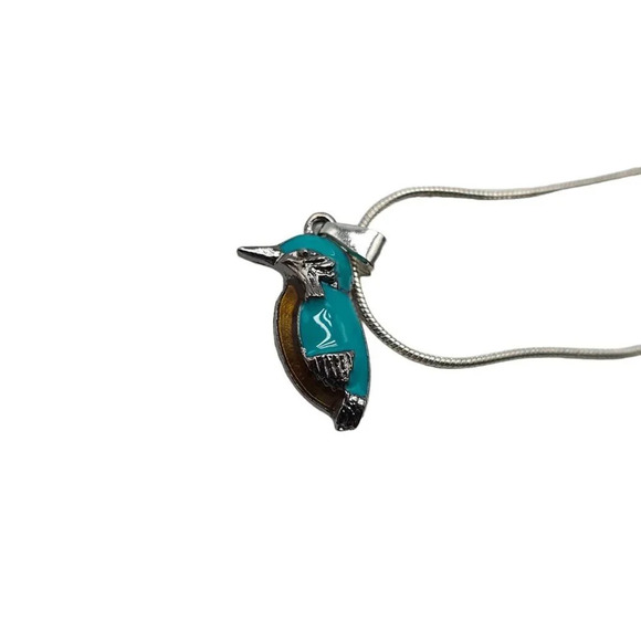Blue Enamel Amber Kingfisher Bird Pendant Chain Necklace Silver Tone Vintage - Picture 3 of 6